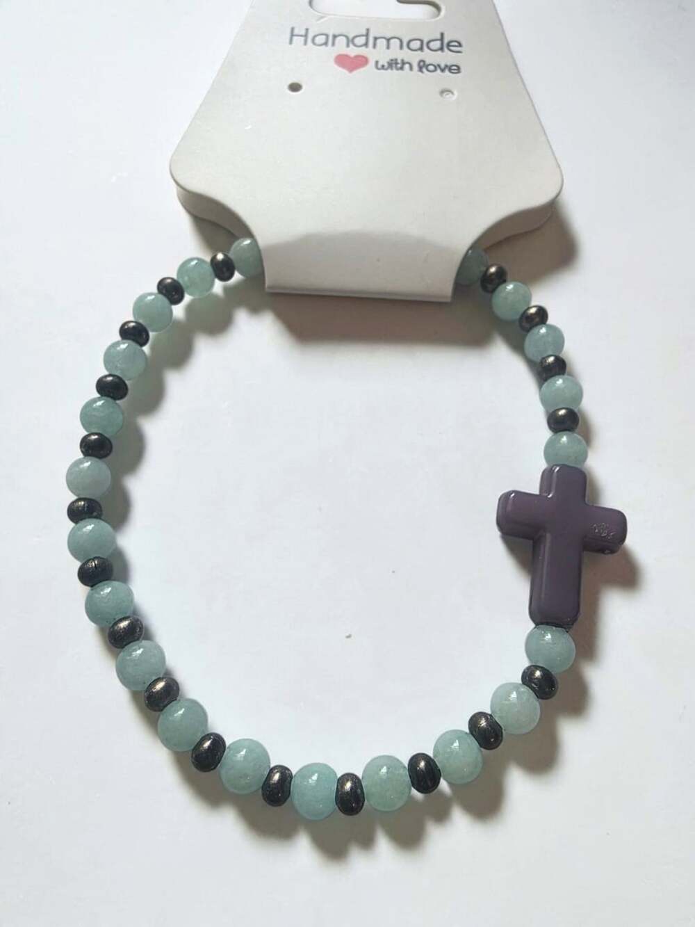 Natural Aquamarine Beaded Stretch Bracelet Grey Cross
